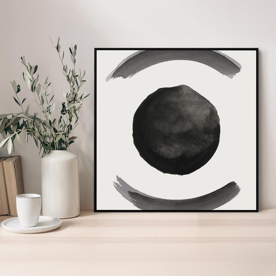 Obraz w ramie 50x50 - Bezczasowe Echo - abstrakcyjne plamy okręgi, akwarelowe - rama czarna