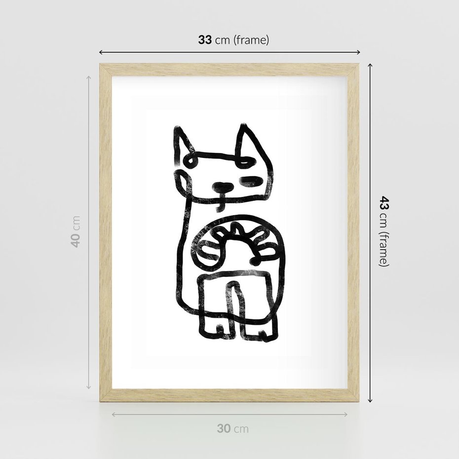 Plakat w ramie 30x40 - Portret Kociej Duszy - szkic kota, prymitywizm - rama drewno