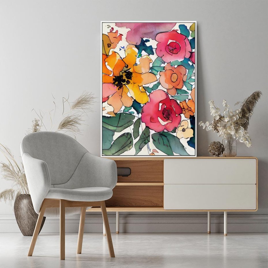 Obraz w ramie 50x70 - Kwiatowy Impuls Kolorów - abstrakcyjne kolorowe kwiaty, szkic - rama biała