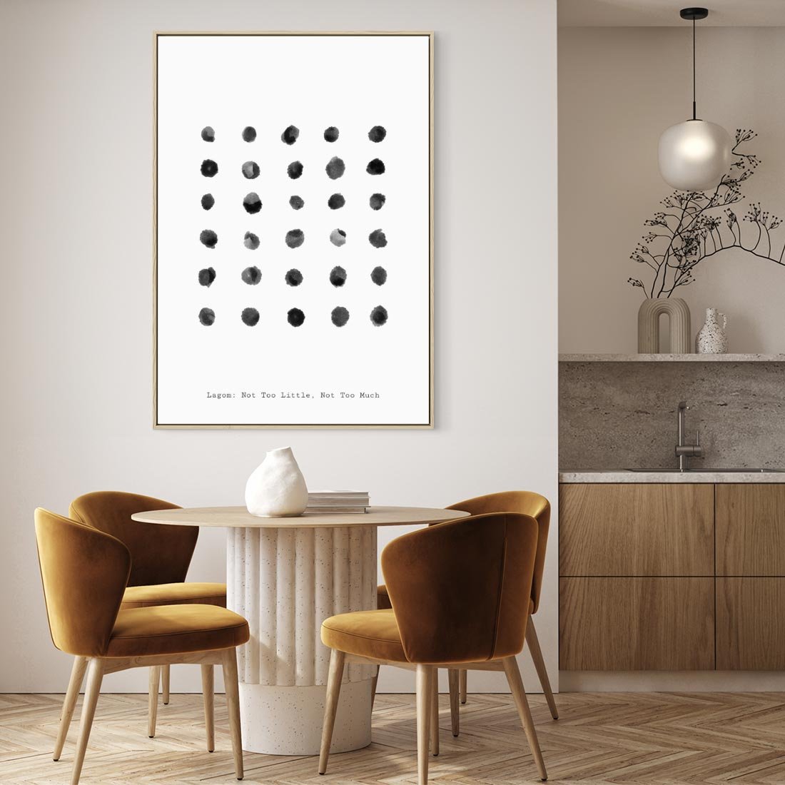 Obraz w ramie 50x70 - Boho Sztuka Wolości - minimalistyczny plakat, czarne kropki na białymtle - rama drewno