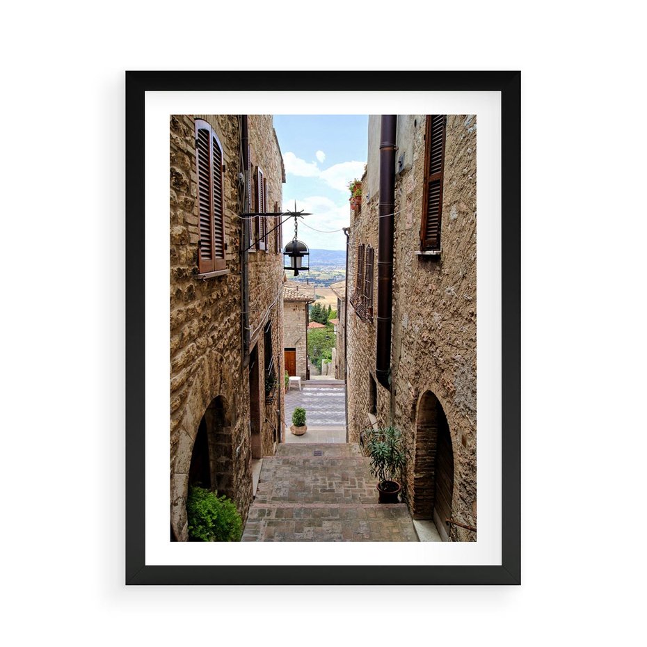 Plakat w ramie 50x70 - Perspektywa malowniczej uliczki - uliczka, perspektywa - rama czarna