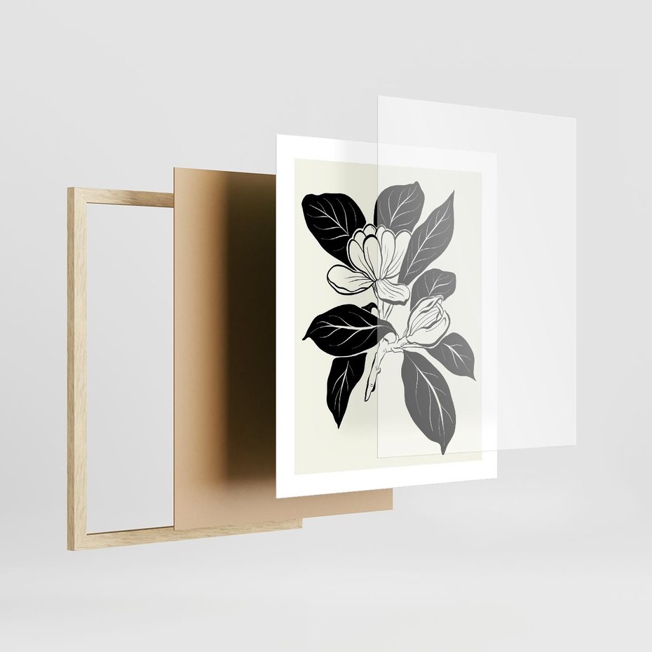 Plakat w ramie 40x50 - Spojrzenie w kształty kwiatów - kwiaty magnolii, minimalizm - rama drewno