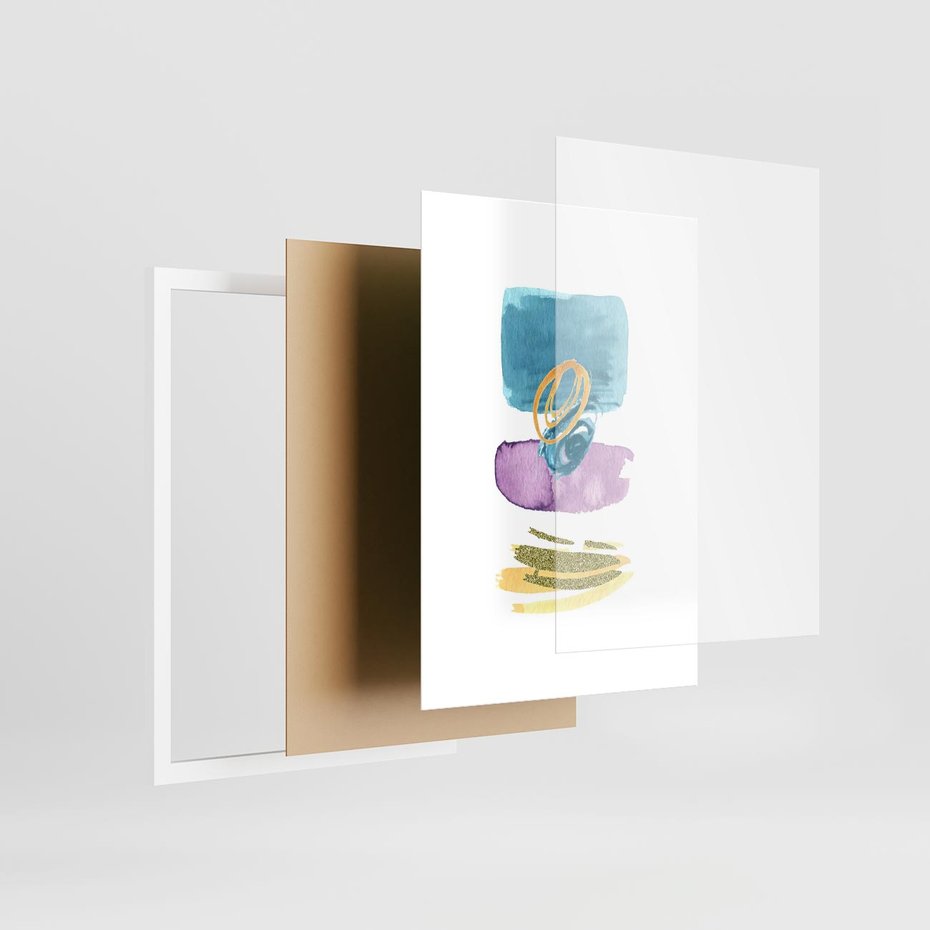 Plakat w ramie 30x40 - Taniec Akwarelowych Kresek - akwarelowe plamy w odcieniach błękitu, złote kreski - rama biała