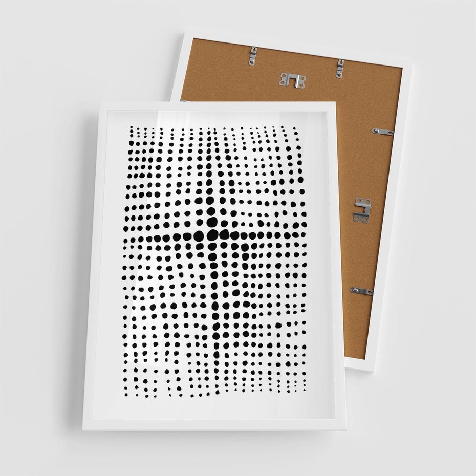 Plakat w ramie 50x70 - Refleksje Monochromatycznych Widoków - abstrakcyjna kompozycja z czarnych kropek, minimalistyczny czarno bialy plakat - rama biała