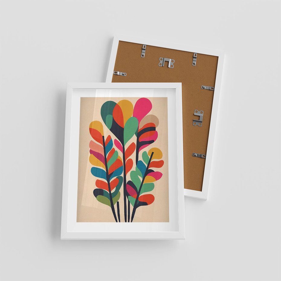 Plakat w ramie 30x40 - Symfonia Wzrokowych Impresji - abstrakcyjny kolorowy tęczowy obraz, inspiracje roślinne - rama biała