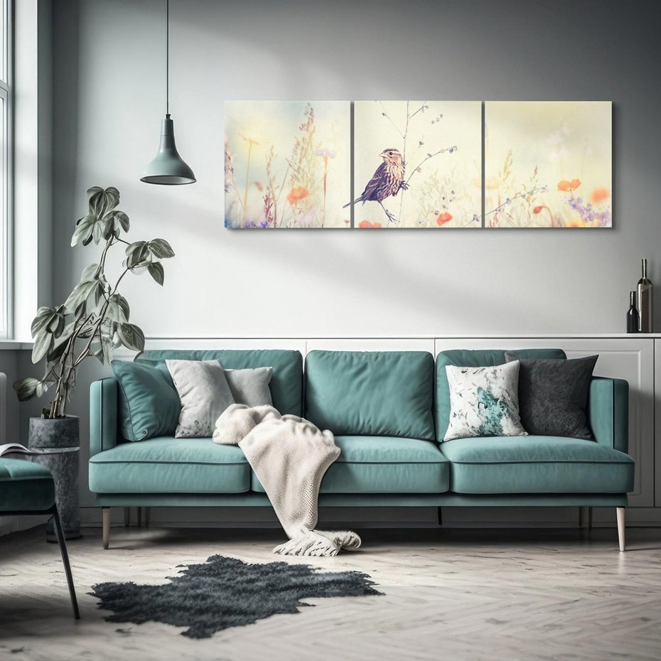 Obraz na płótnie 90x30 - Poranek wśród łąki - ptak, łąka