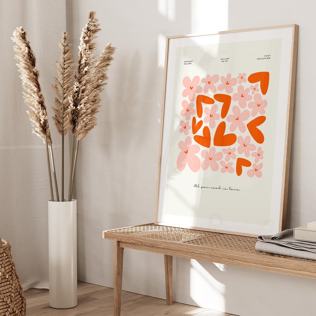 Plakat w ramie 40x50 - Miłość w Kompozycji - grafika, kompozycja kwiaty i serca - rama drewno