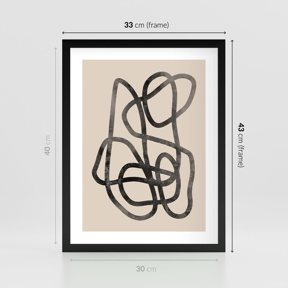 Plakat w ramie 30x40 - Przenikanie Wirtualnych Wymiarów - zaplątane minimalistyczne linie, na bezowym tle - rama czarna