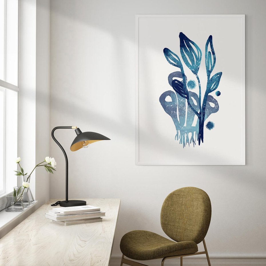 Plakat w ramie 30x40 - Akwarelowy Błękit - pastelowy, abstrakcyjny plakat - rama biała