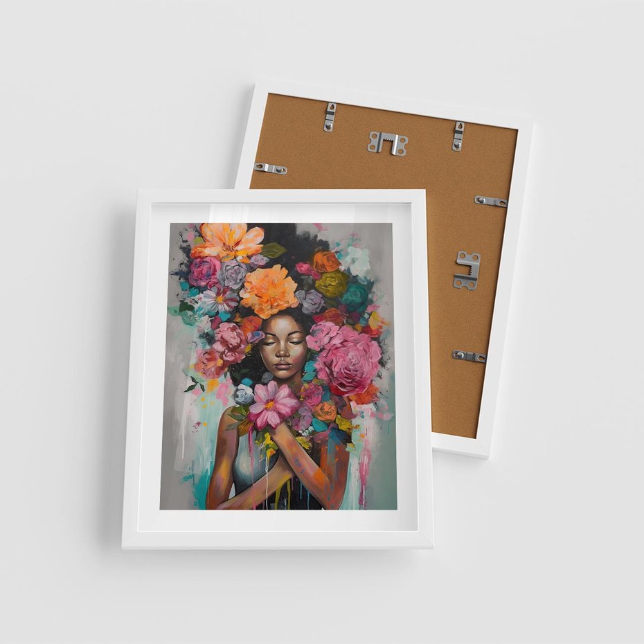 Plakat w ramie 40x50 - Z Głową w Kwiatach - obraz olejny, sztuka nowoczesna - rama biała