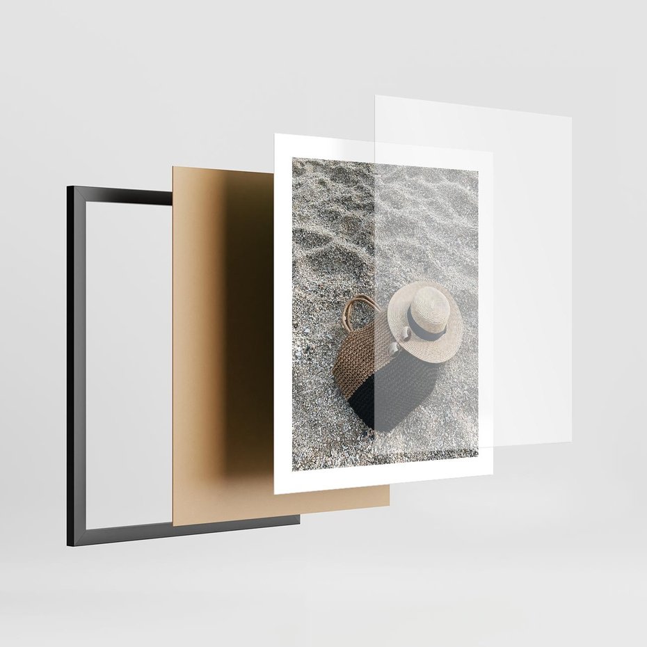 Plakat w ramie 40x50 - Plażowe Przygotowania - torba plażowa, kapelusz - rama czarna