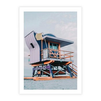 Plakat bez ramy 40x50 - Plażowa Kolorystyka: Budka Ratownika w Pastelach - pastelowa budka ratownika, plaża Miami