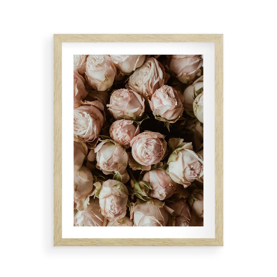Plakat w ramie 40x50 - Róże i Różowe Kwiaty w Kompozycji - róże, różowe kwiaty - rama drewno