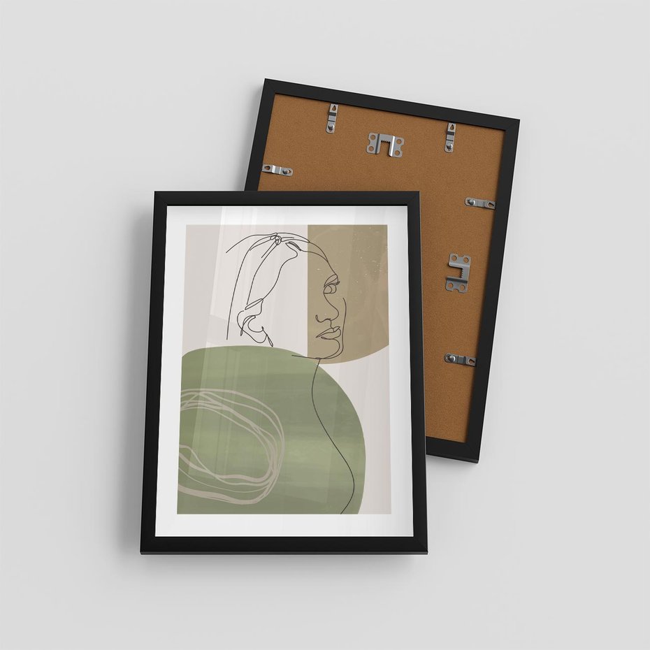 Plakat w ramie 30x40 - Jedna Linia, Wiele Emocji - akwarelowe plamy, na nich szkic postaci kobiety jedną linią - rama czarna