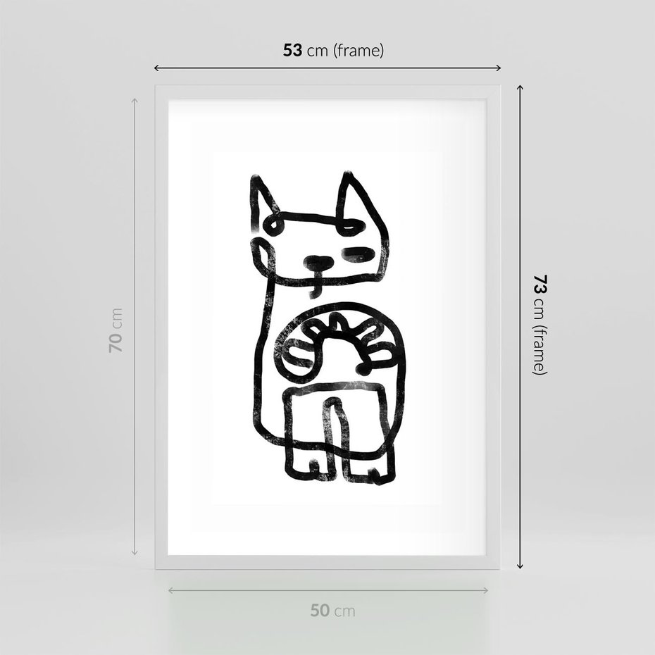 Plakat w ramie 50x70 - Portret Kociej Duszy - szkic kota, prymitywizm - rama biała