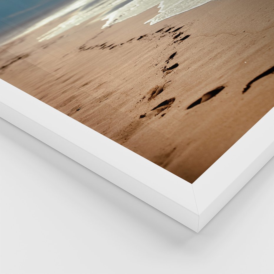 Zestaw obrazy w ramie 40x50 galeria - Plaża, zachód, słońca, ślady - rama biała