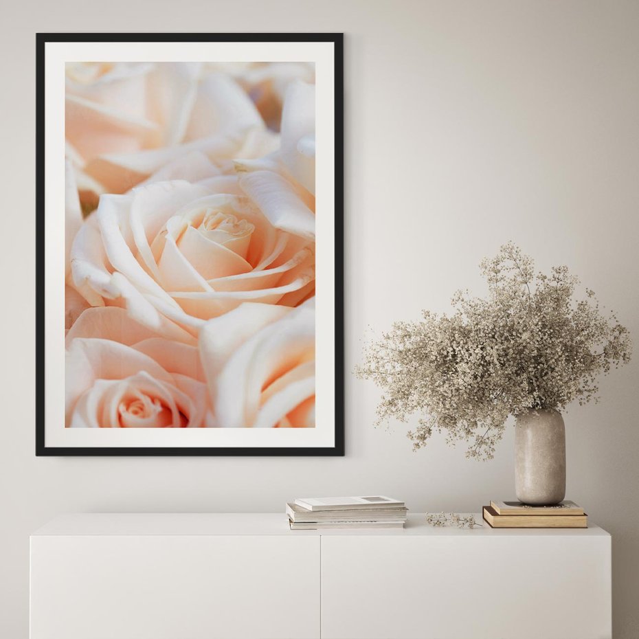 Plakat w ramie 40x50 - Aromatyczna Piękność - płatki herbacianej róży, kwiaty - rama czarna