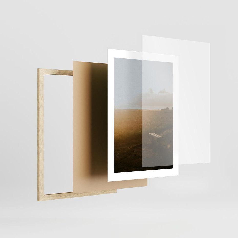 Plakat w ramie 30x40 - Mglisty zachód słońca na ławeczce - mgła, zachód - rama drewno