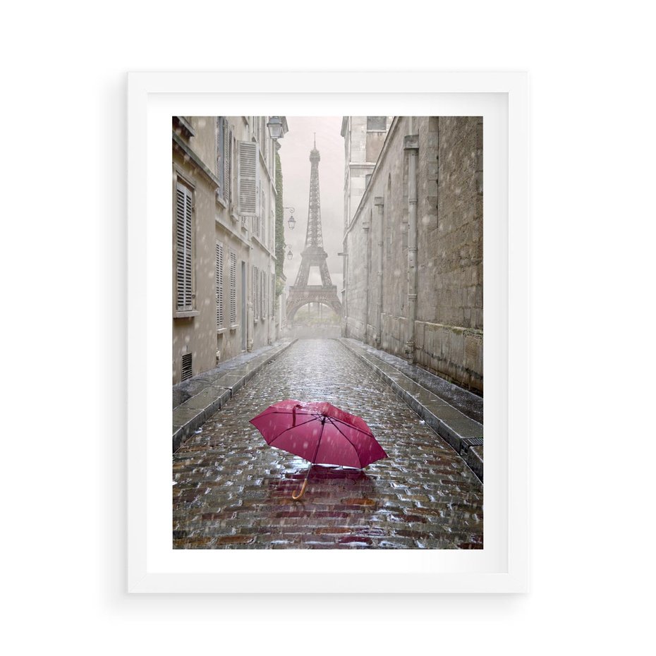 Plakat w ramie 50x70 - Francuska elegancja pod parasolem - Francja, parasol - rama biała