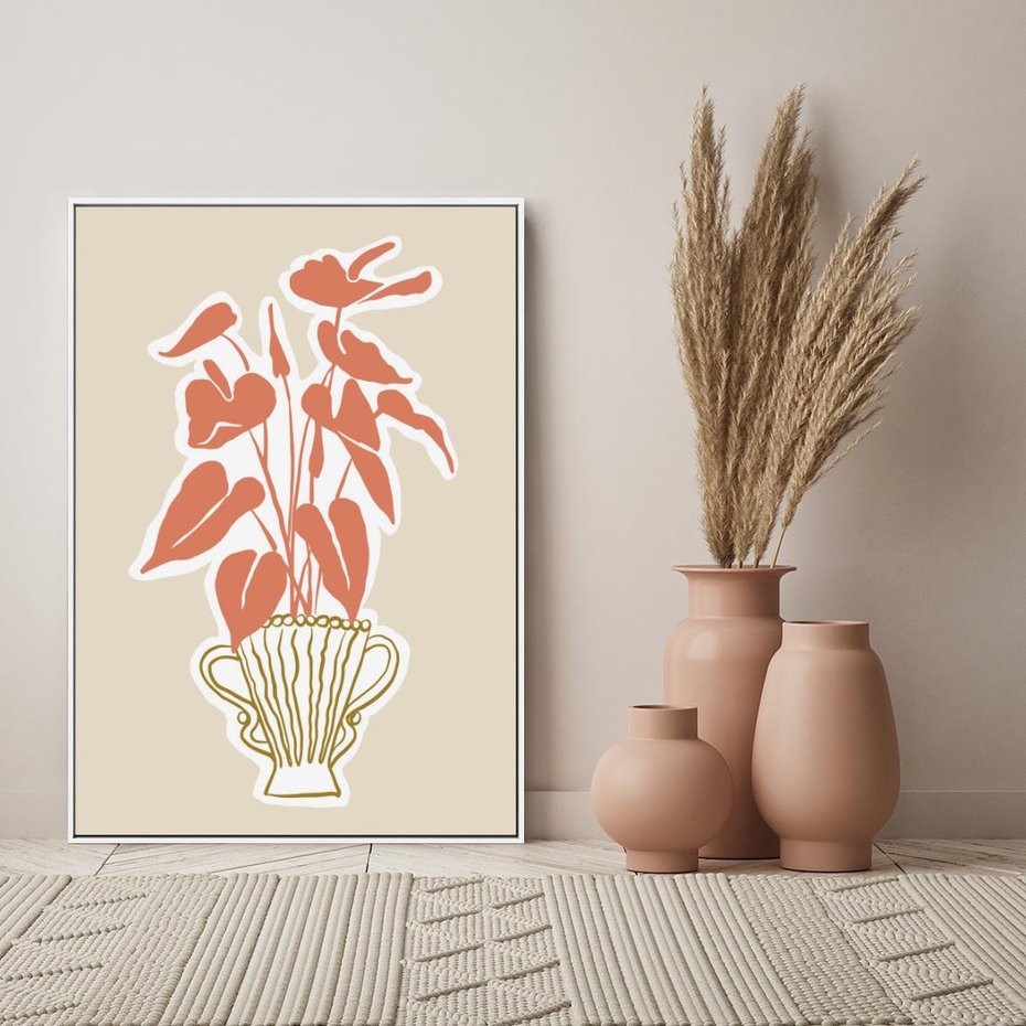 Obraz w ramie 70x100 - Harmonijne Echa - abstrakcyjne kwiaty liście, elegancka kompozycja - rama biała