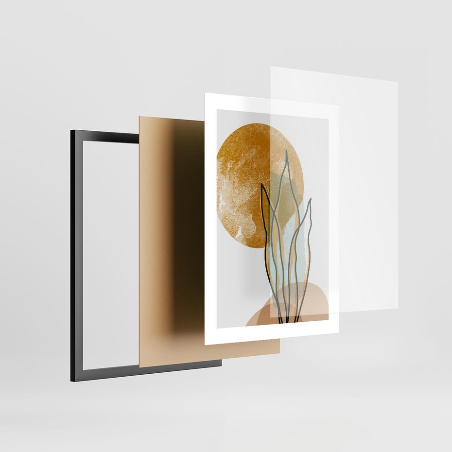 Plakat w ramie 30x40 - Światło Natury: Graficzne Liście i Złote Słońce - grafika, graficzne liście - rama czarna
