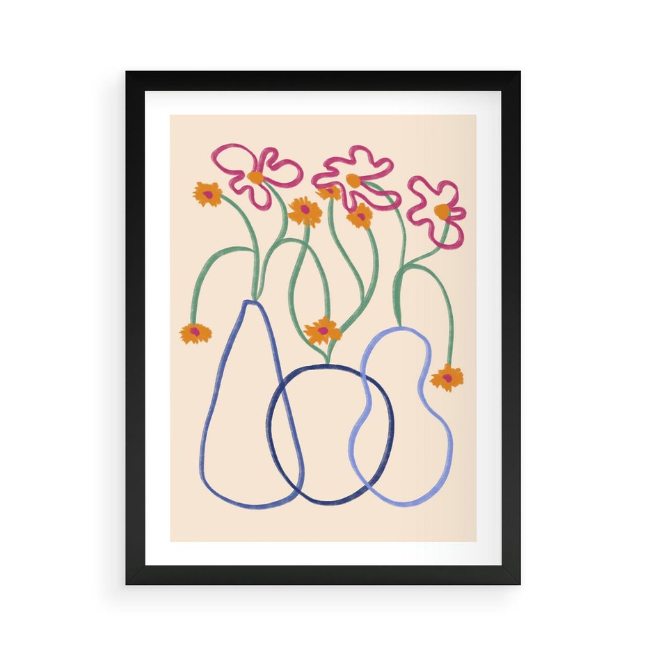 Plakat w ramie 50x70 - Migocące Pastelowe Impresje - minimalistyczny abstrakcyjny obraz, prymitywne kwiatki - rama czarna