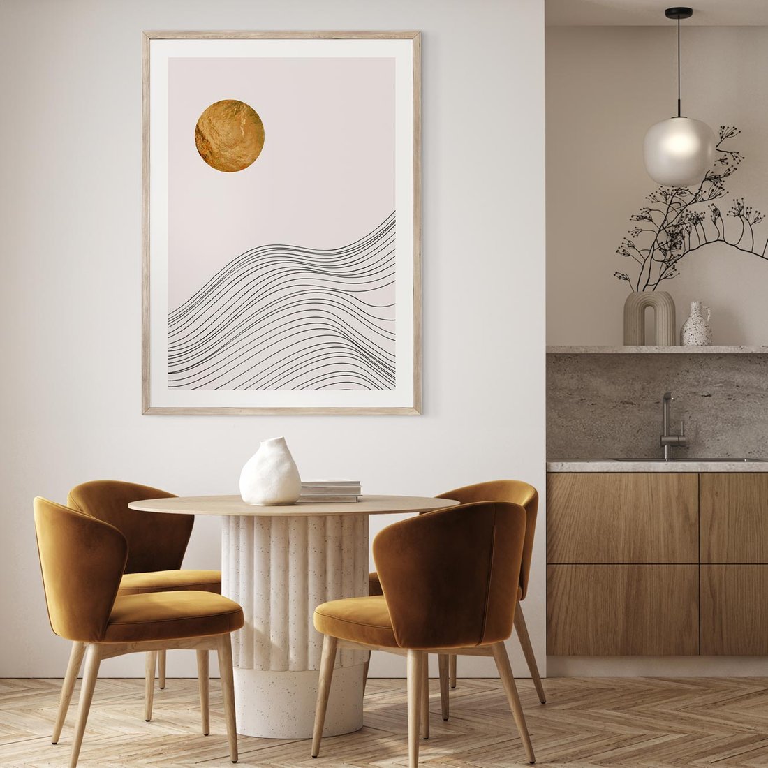 Plakat w ramie 50x70 - Minimalistyczne Słońce: Blask i Złoto - grafika, minimalizm - rama drewno