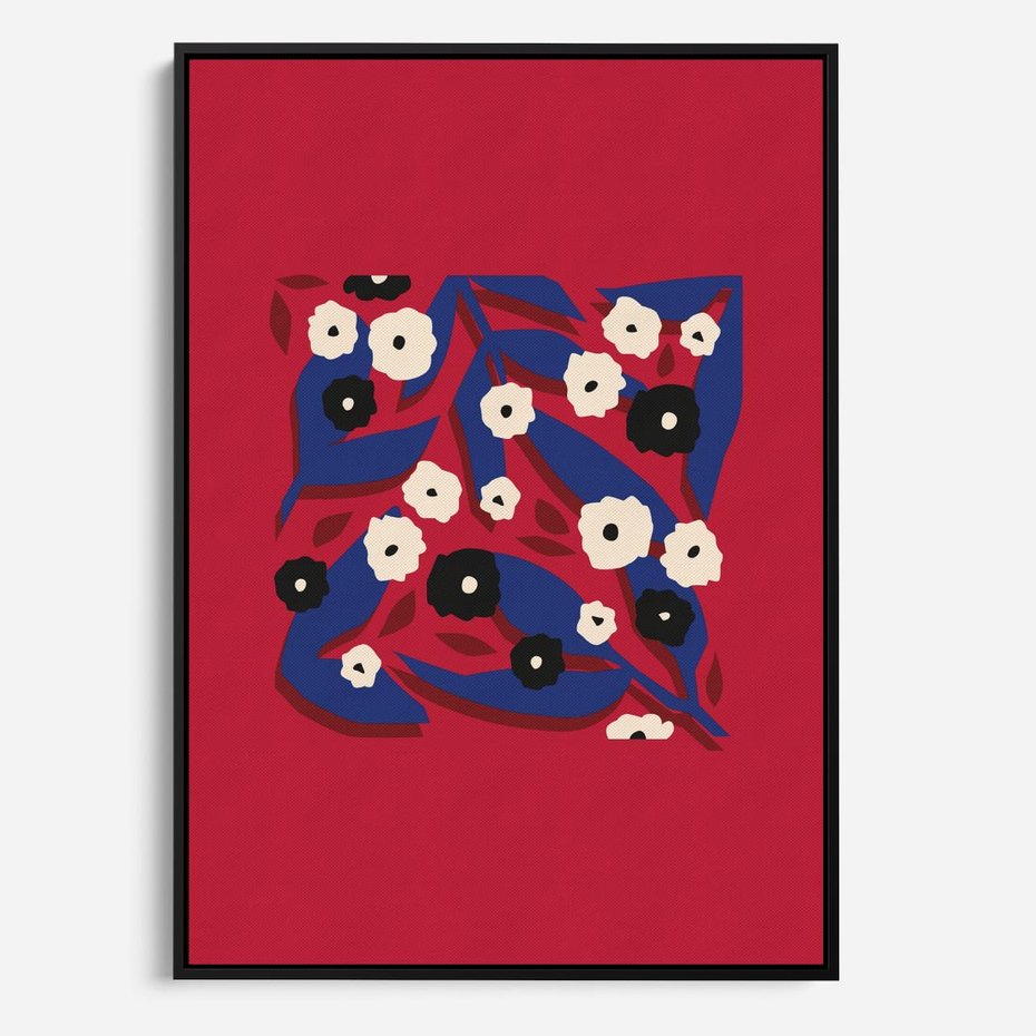 Obraz w ramie 70x100 - Kolorowe Przenikanie - abstrakcyjna kwiatowa kompozycja, czerwone mocne tło - rama czarna