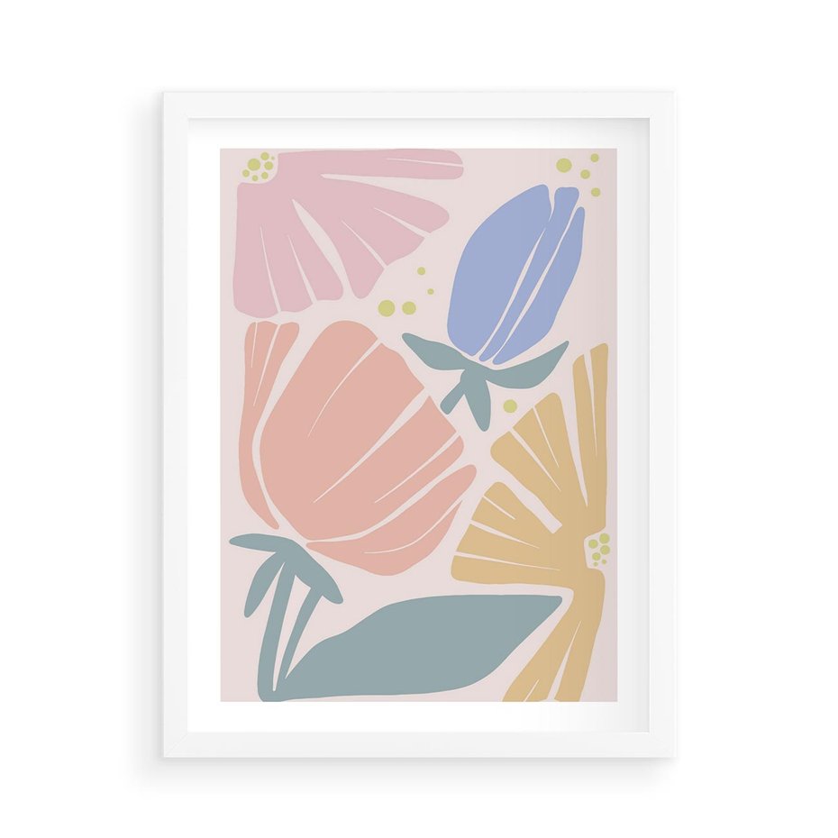 Plakat w ramie 50x70 - Rozkwitające Harmonie Natury - pastelowe kwiaty, na beżowym tle - rama biała