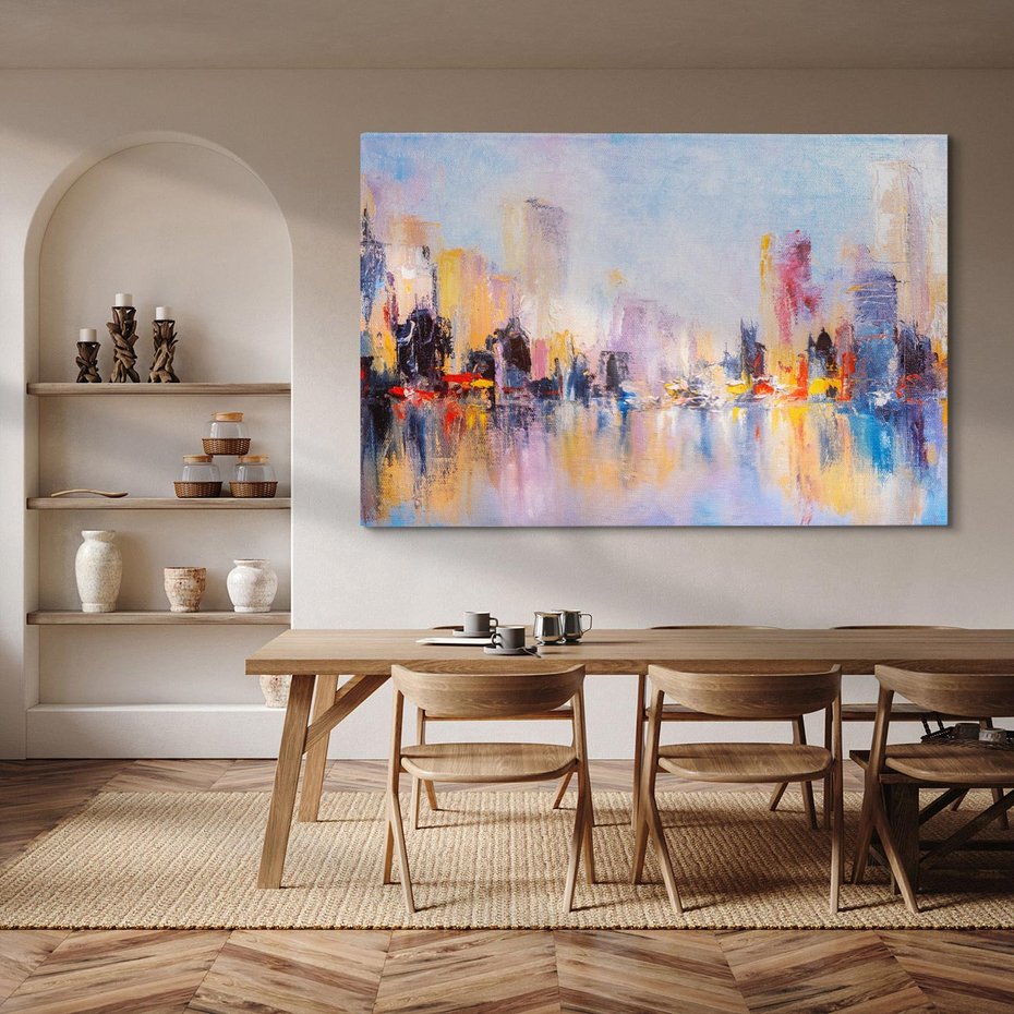 Obraz na płótnie 100x70 - Miasto Refleksji - olejna panorama miasta w oddali, wiezowce odbijają się w rzece