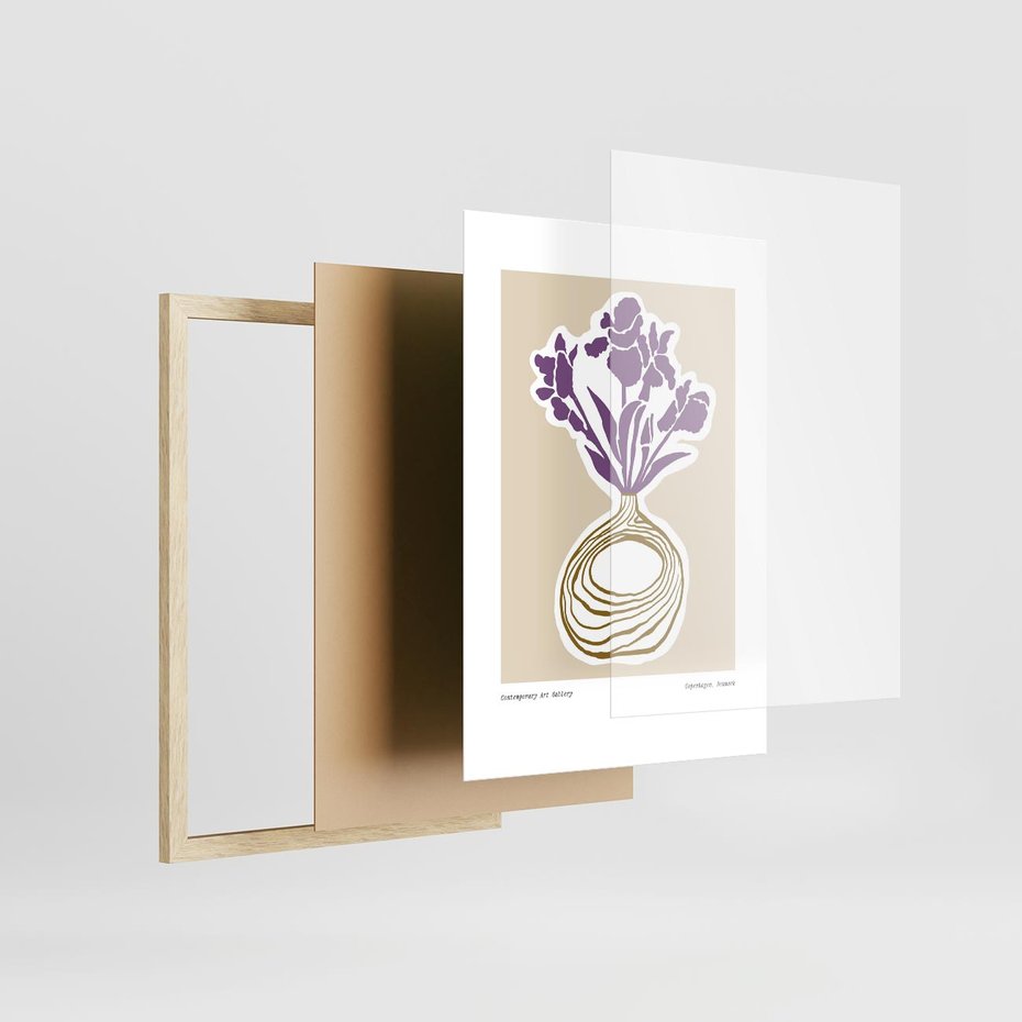 Plakat w ramie 50x70 - Migocące Anomalie - abstrakcyjne liście, kwiaty tropikalne w wazonie - rama drewno