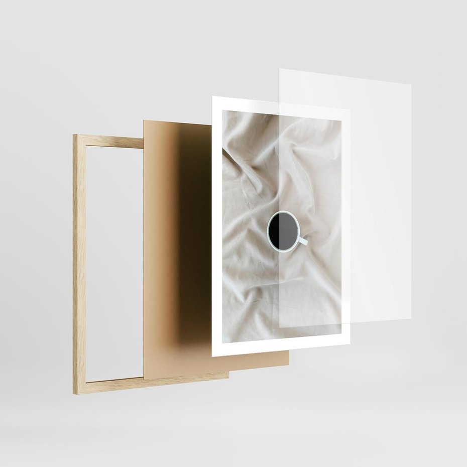 Plakat w ramie 50x70 - Poranek z Kawą - kawa filiżanka w białej pościeli - rama drewno