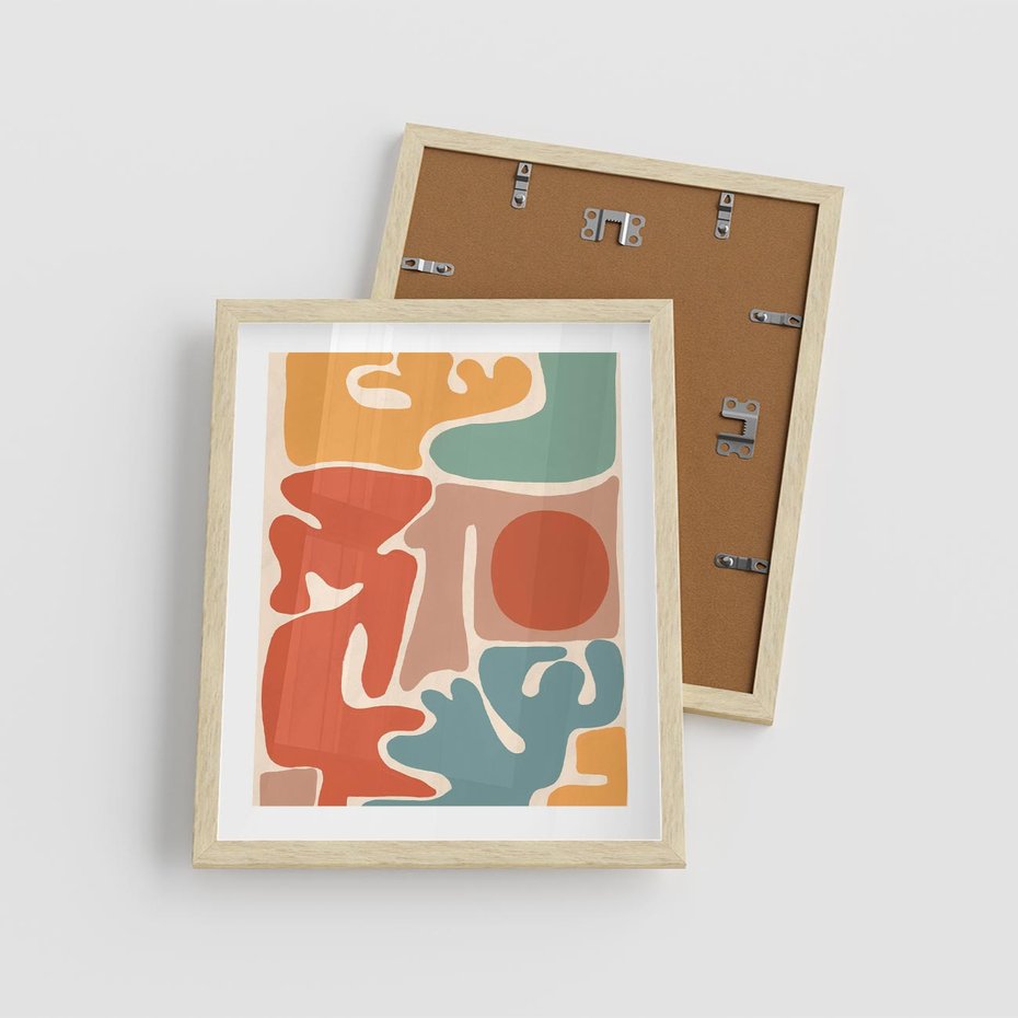 Plakat w ramie 40x50 - Pastelowa Symfonia Kształtów - abstrakcyjne kolorowe formy, pastelowe kolory - rama drewno