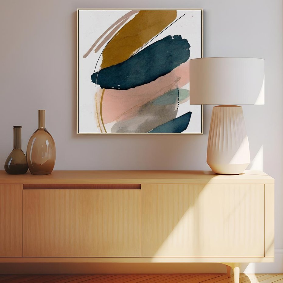 Obraz w ramie 80x80 - Migocące Impresje Przestrzeni - abstrakcyjny obraz, kolory ciepłe - rama drewno