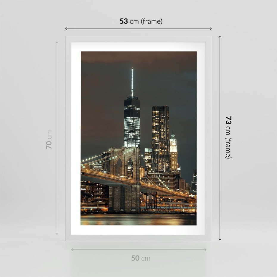 Plakat w ramie 50x70 - Miasto rozświetlone nocnym blaskiem - miasto, nocą - rama biała