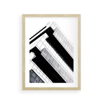 Plakat w ramie 50x70 - Nowoczesna Surowość: Wieżowiec na Czarno-Białej Grafice - architektura, wieżowiec - rama drewno