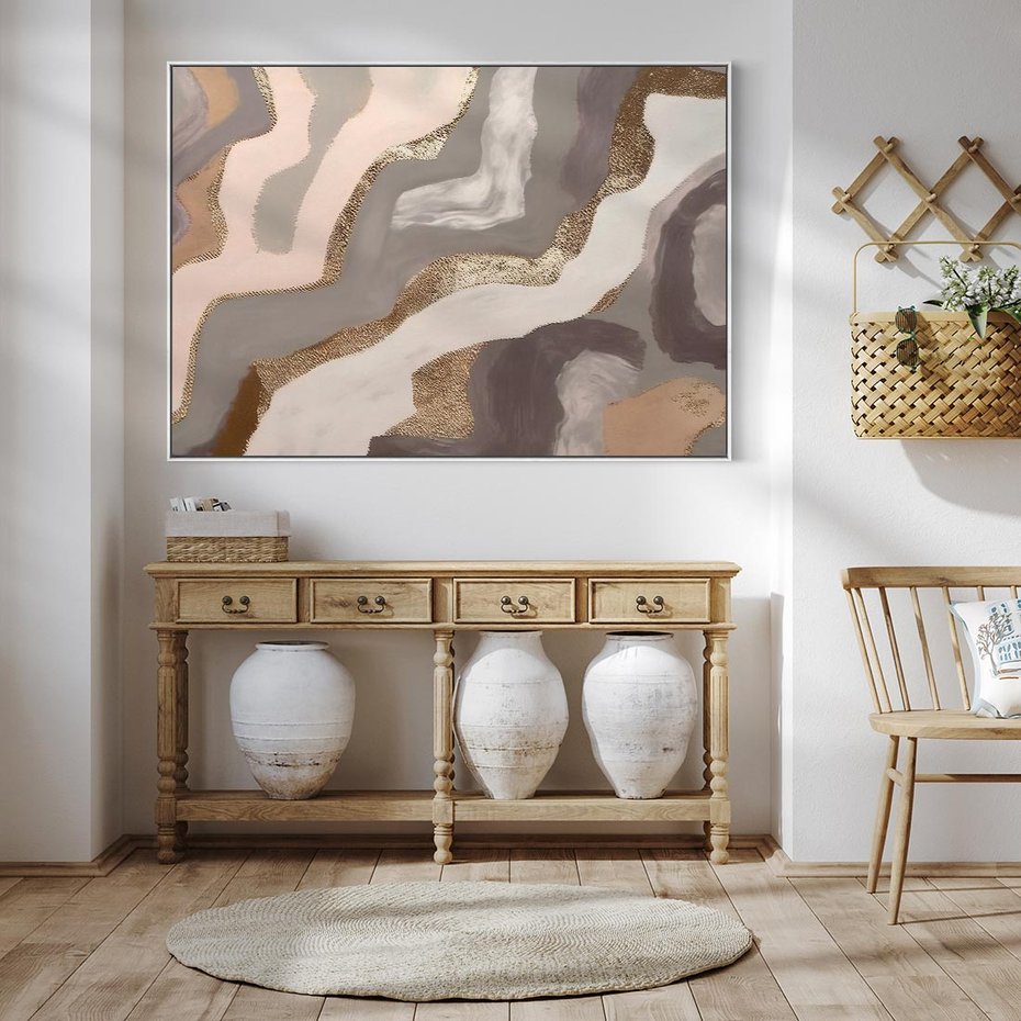 Obraz w ramie 120x80 - Płynne Fale - abstrakcja, neutralne kolory - rama biała