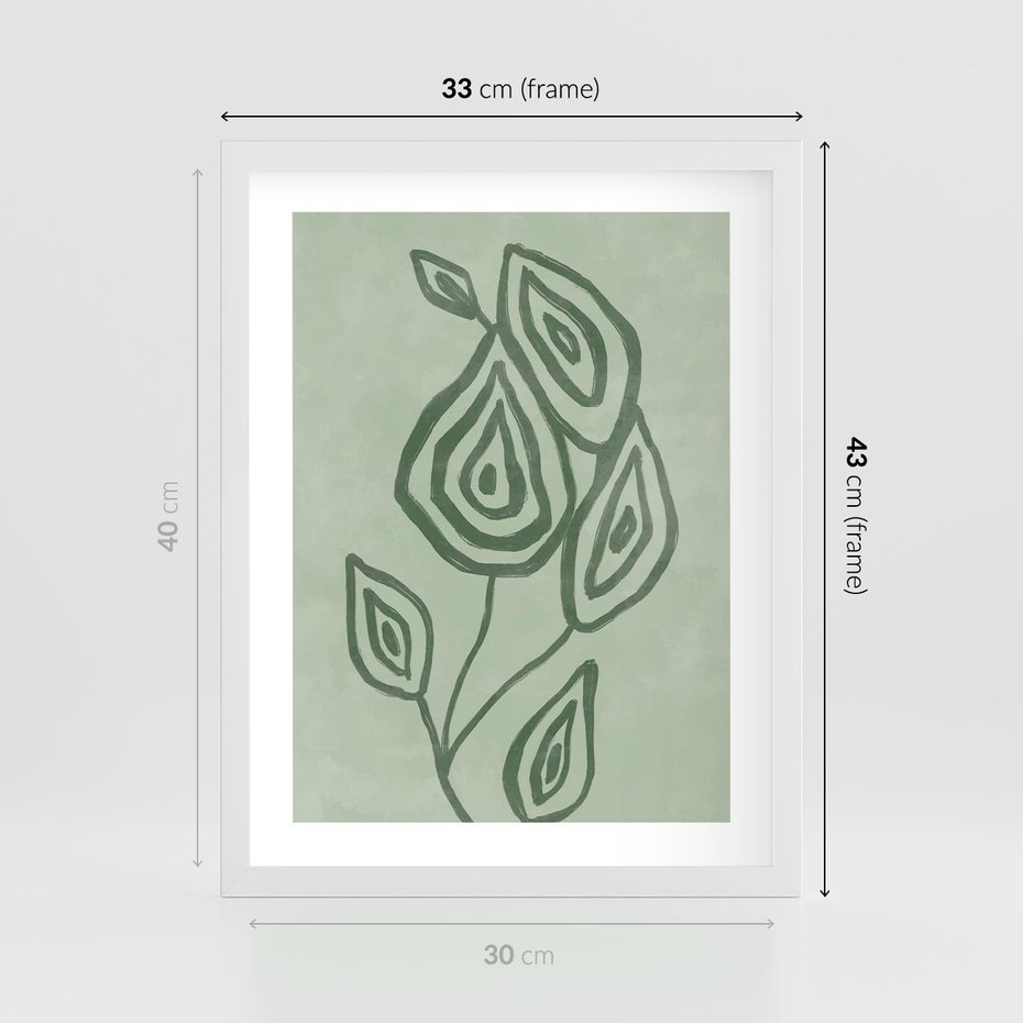 Plakat w ramie 30x40 - Szmaragdowy Oddech - abstrakcyjne delikatne zielone linie, podobne do gałęzi kwiatów - rama biała