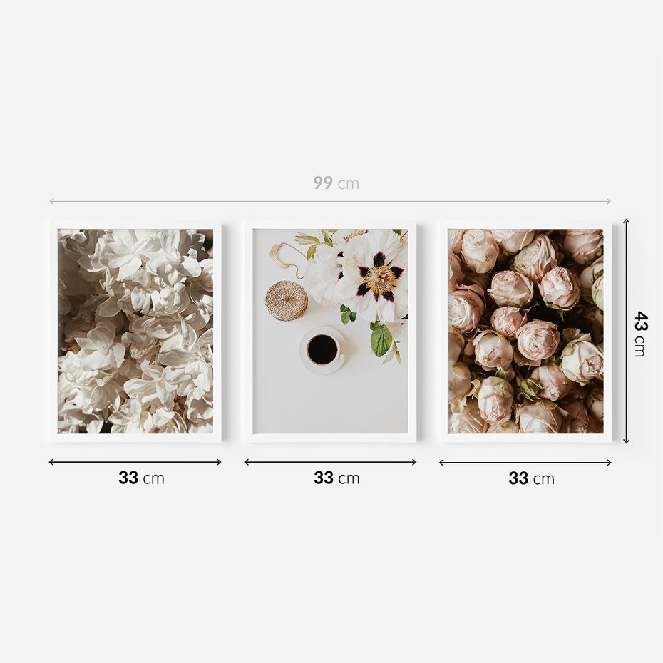 Zestaw obrazy w ramie 30x40 galeria - Kwiaty, róże, kawa - rama biała