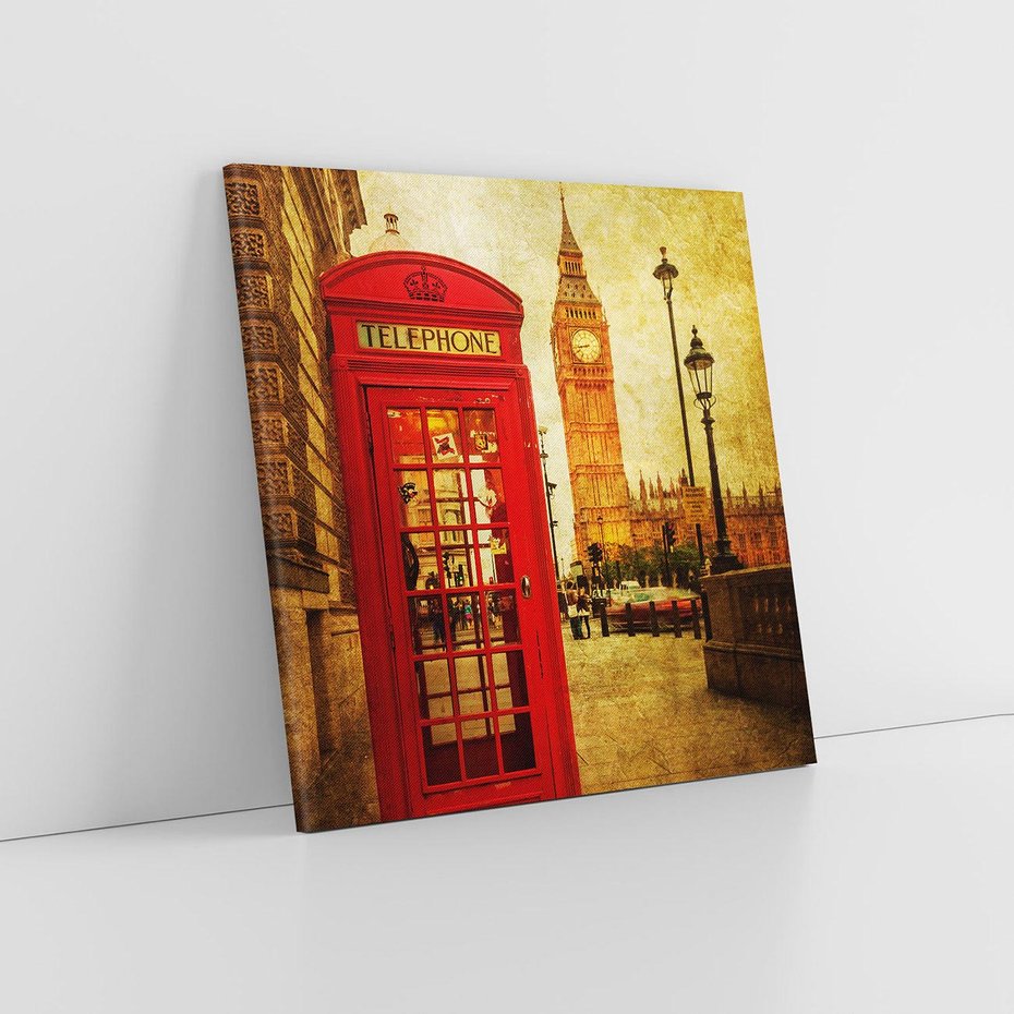 Obraz na płótnie 30x30 - Ikoniczna budka telefoniczna w Londynie - sepia, budka