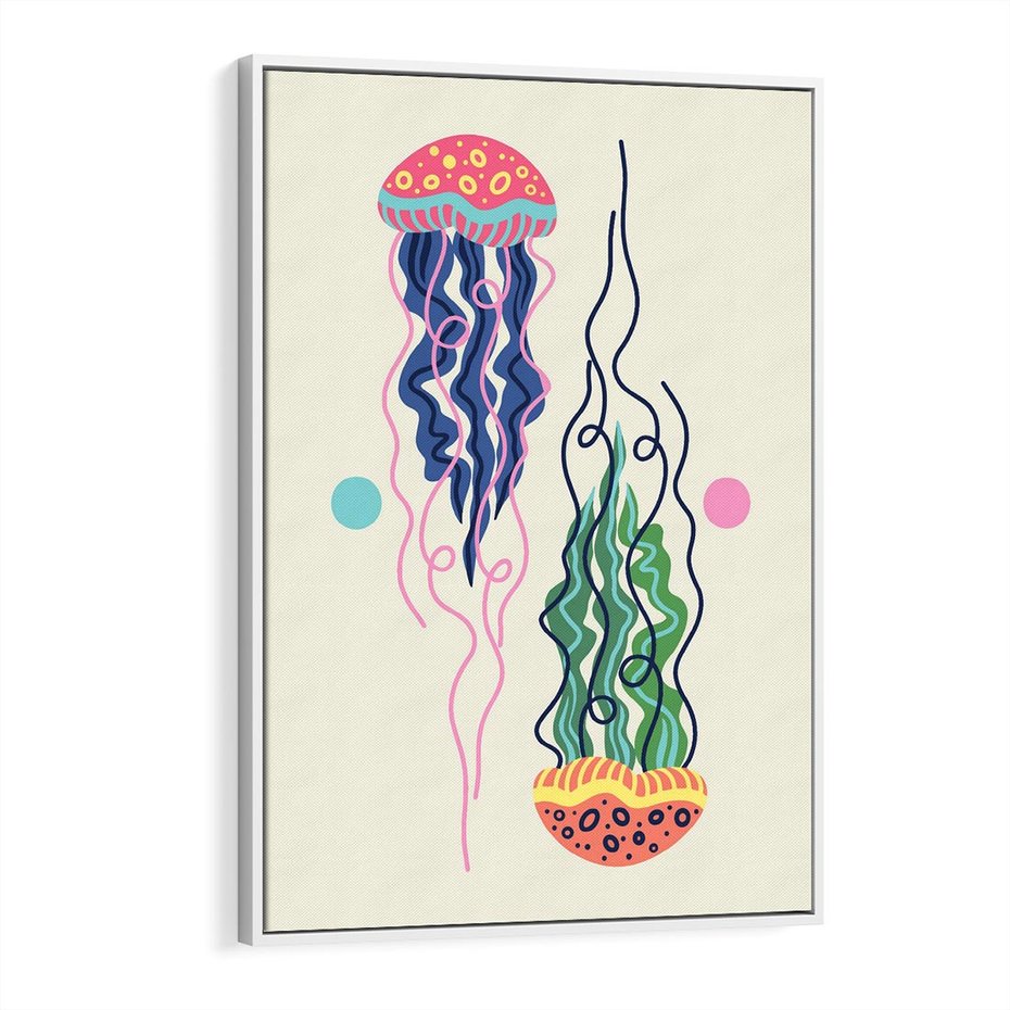 Obraz w ramie 70x100 - Morskie Pulsacje - nowoczesny optymistyczny plakat, kolorowe meduzy - rama biała