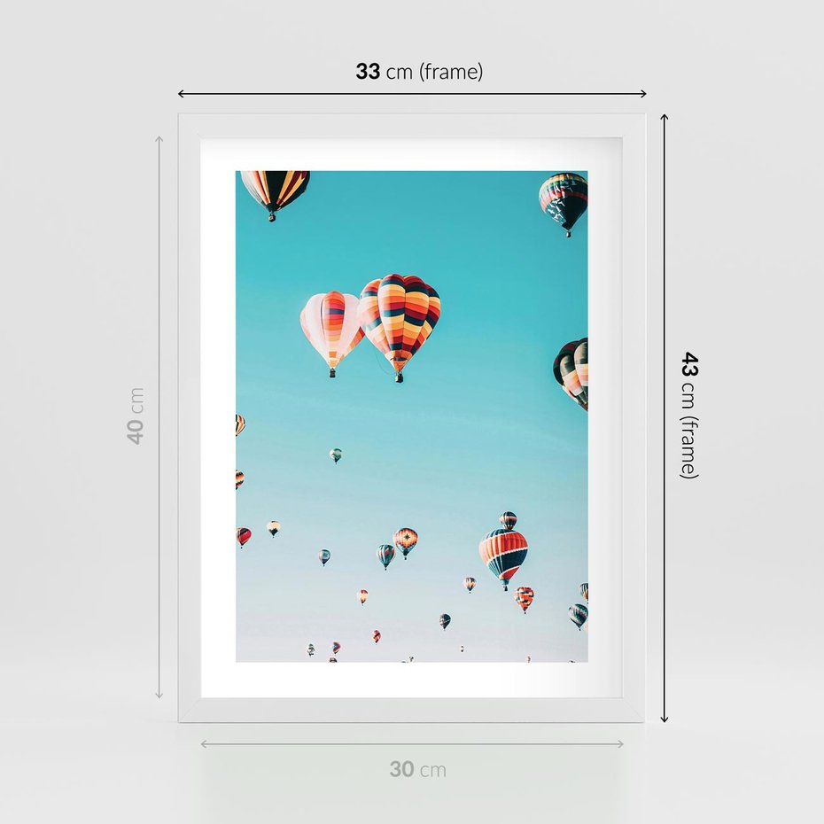 Plakat w ramie 30x40 - Balonowa Ekscytacja - balony latają w powietrzu, wyścigi balonów - rama biała