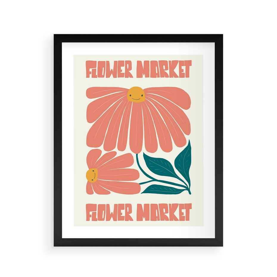 Plakat w ramie 40x50 - Retro Radość - typografia, wesołe kwiaty - rama czarna