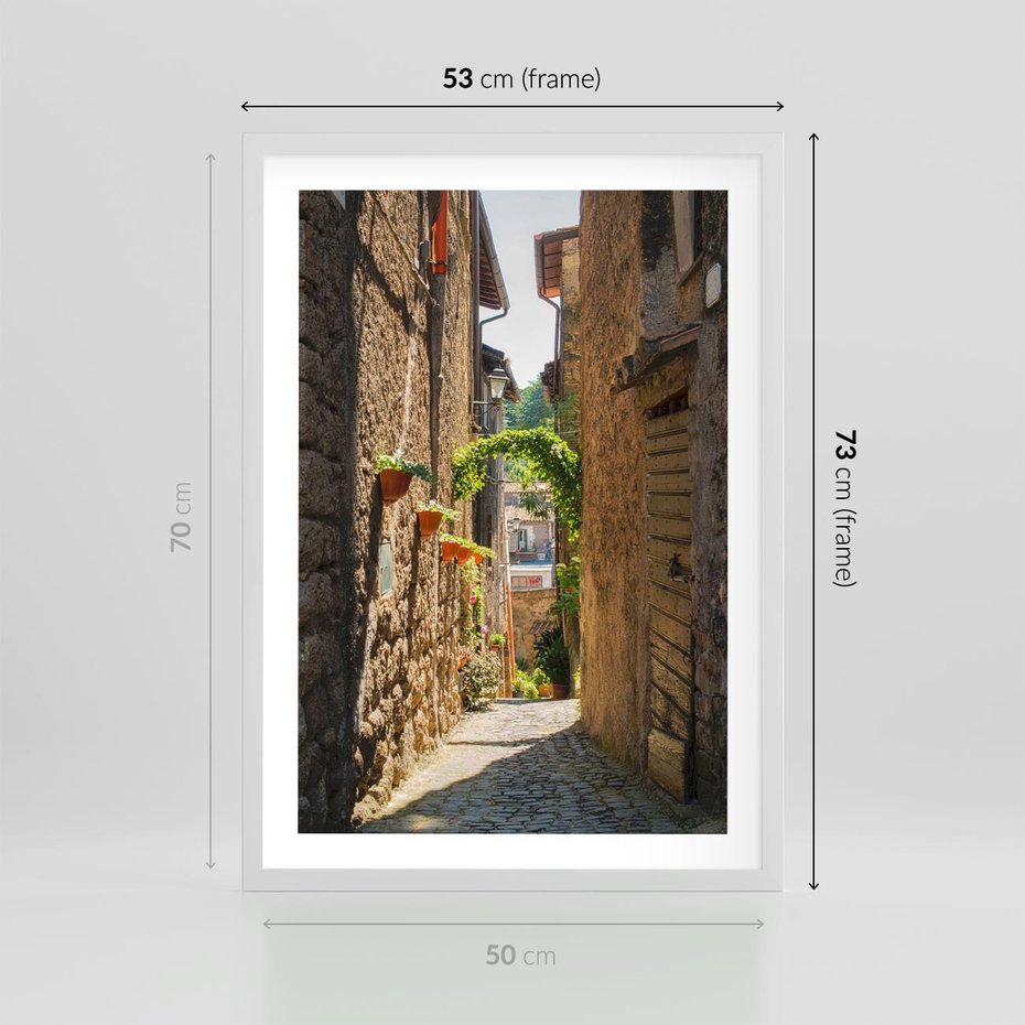 Plakat w ramie 50x70 - Włoska uliczka w perspektywie - Włochy, uliczka - rama biała