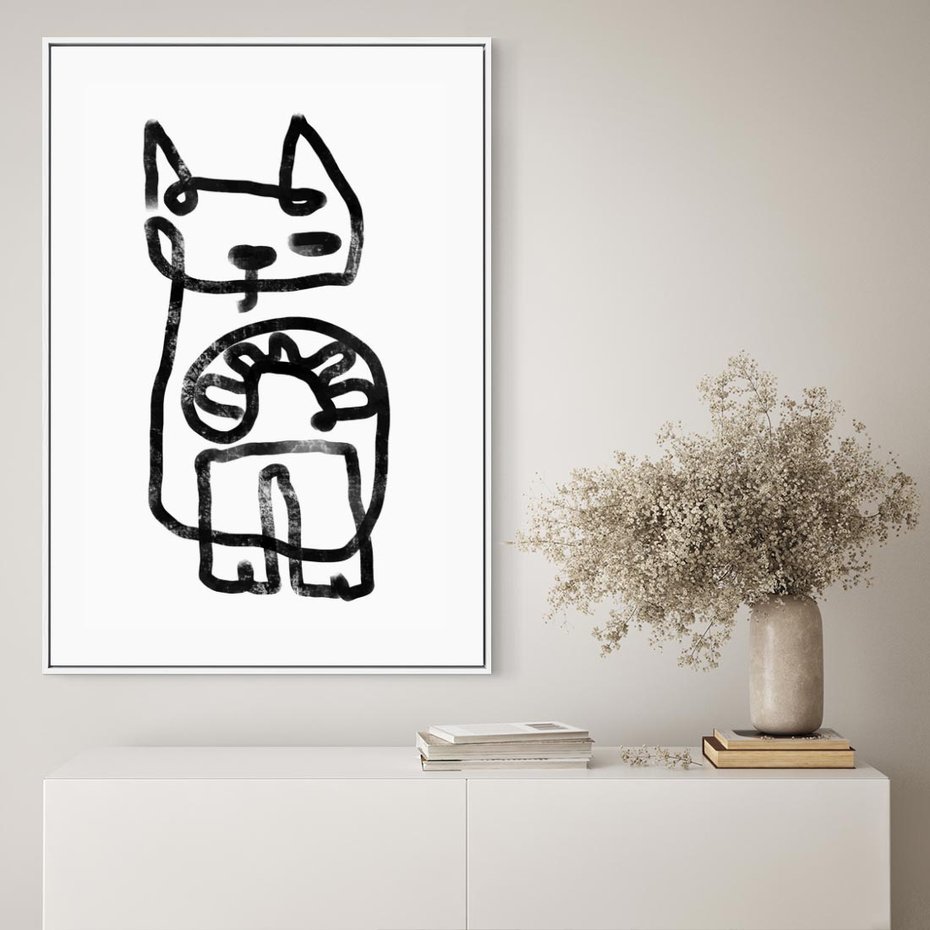 Obraz w ramie 70x100 - Portret Kociej Duszy - szkic kota, prymitywizm - rama biała
