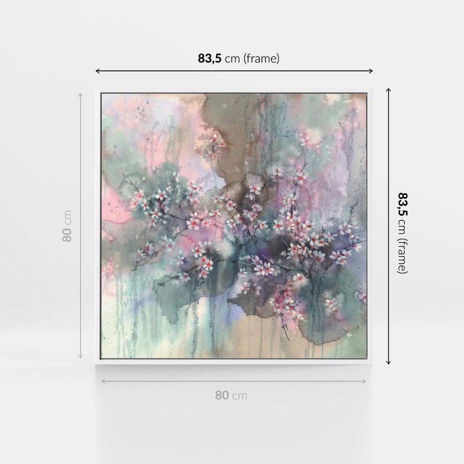 Obraz w ramie 80x80 - Efemeryczne Kwitnienie Drzew - akwarela, rozmyte pastelowe tłó - rama biała