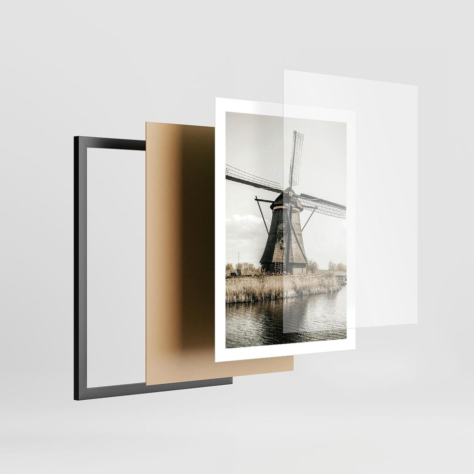 Plakat w ramie 50x70 - Holenderski Wiatrak w Sepii - holenderski wiatrak, młyn - rama czarna