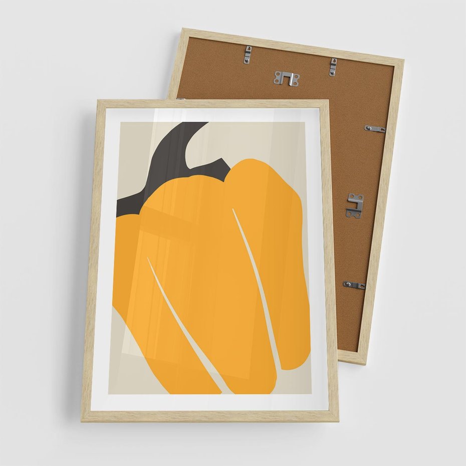 Plakat w ramie 50x70 - Migocące Formy - abstrakcyjny minimalistyczny obraz, żółta papryczka - rama drewno