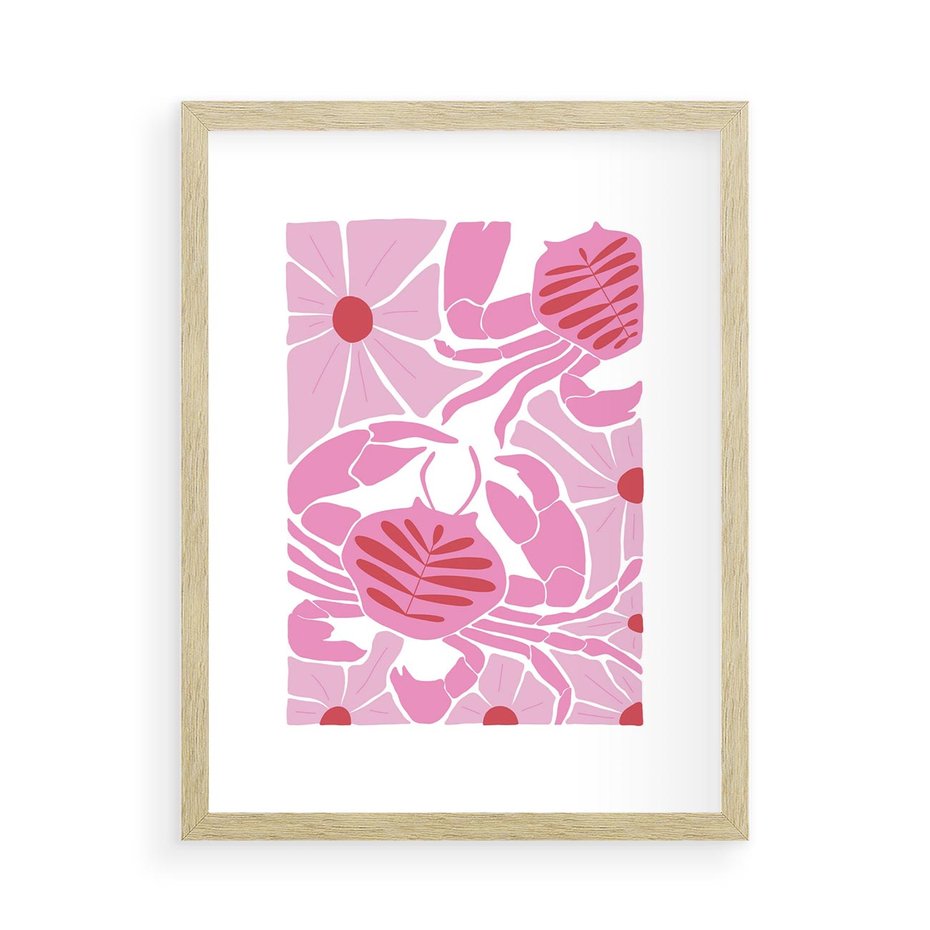 Plakat w ramie 50x70 - Roztańczone Kraby - różowe kwiaty i kraby, abstrakcyjna kompozycja - rama drewno