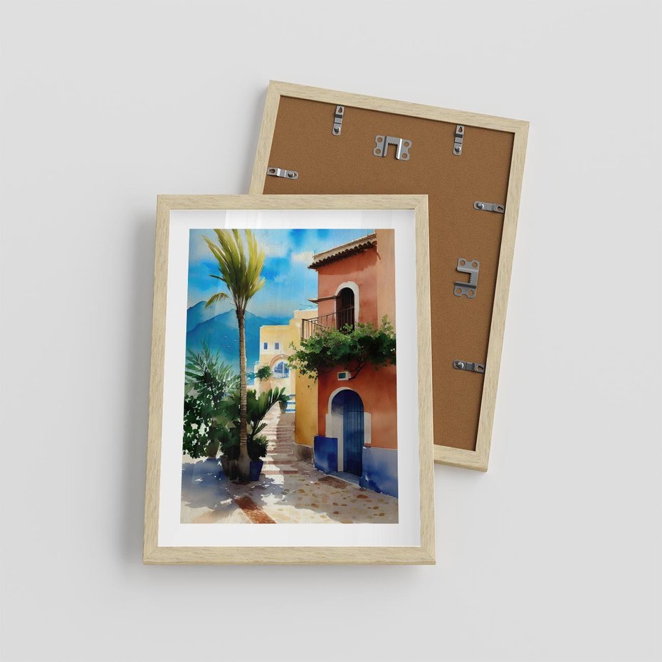 Plakat w ramie 30x40 - Spokój Miasta nad Morzem - akwarela, sródziemnomorski klimat - rama drewno